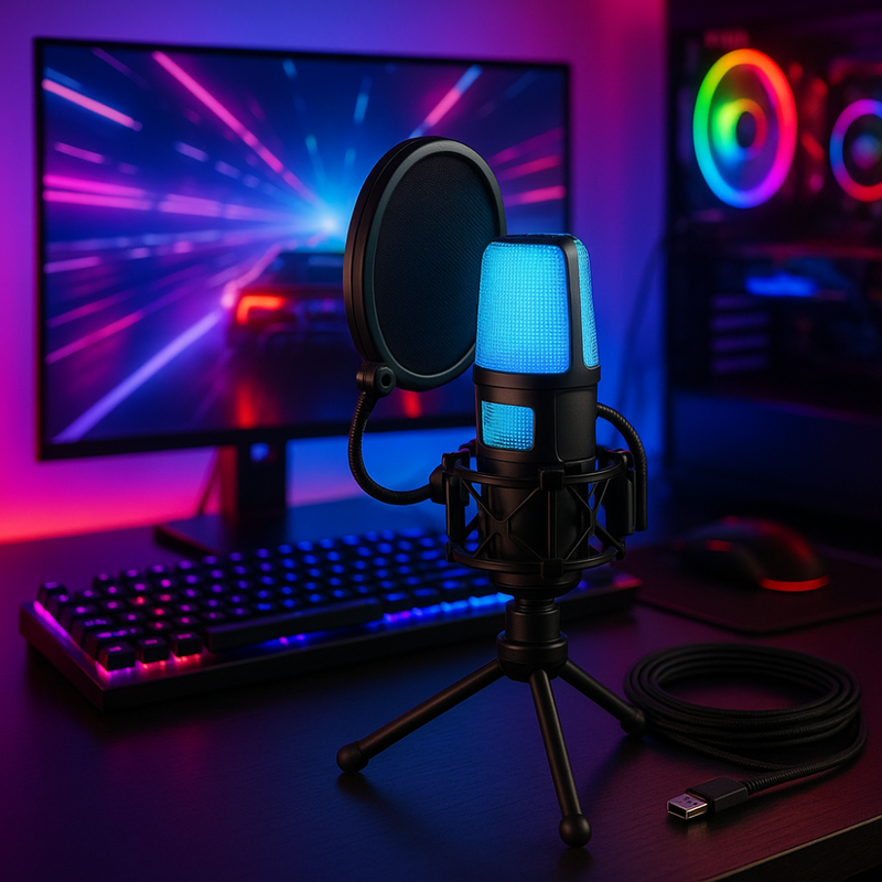 Microfone Condensador com Fio -RGB, cardioide para jogos, podcast e Streaming