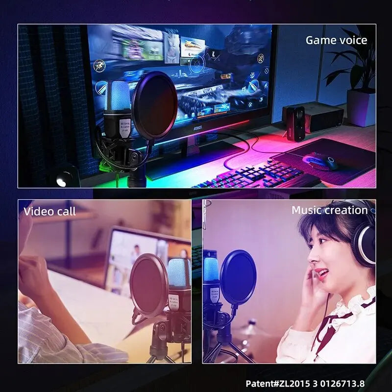 Microfone Condensador com Fio -RGB, cardioide para jogos, podcast e Streaming
