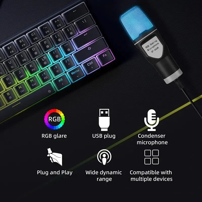 Microfone Condensador com Fio -RGB, cardioide para jogos, podcast e Streaming
